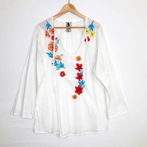 Johnny Was Tops - Johnny Was 2X White embroidered BoHo tunic blouse